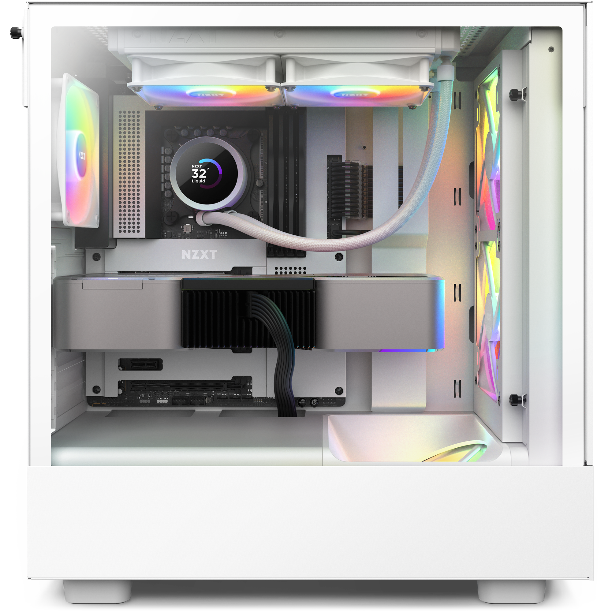 A white desktop case with RGB fans, a large graphics card, and the NZXT Kraken 240 RGB water cooling system with LCD screen provide optimal cooling and cable management, all illuminated by vibrant LED lighting.