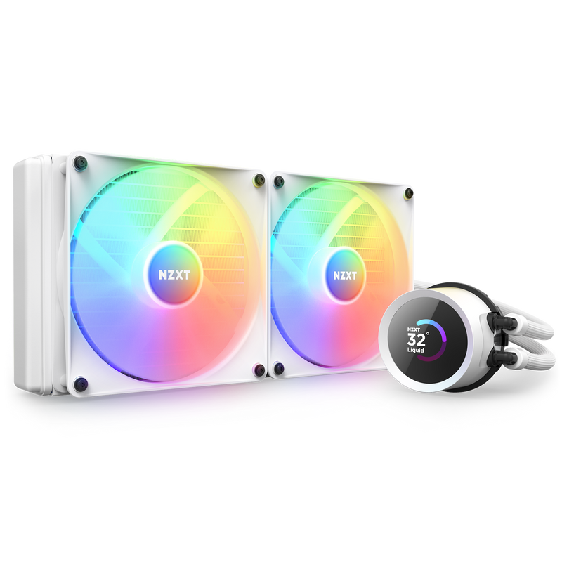 The NZXT Kraken 280 RGB is a white liquid CPU cooler featuring two large RGB fans, a round LCD displaying 32° liquid temperature, and braided hoses, delivering impressive cooling performance for your system.