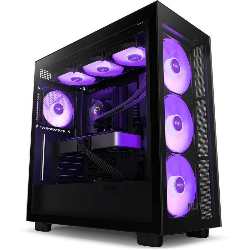 A black NZXT PC case with a clear side panel features purple LED fans, visible internal parts, and the NZXT Kraken 360 RGB liquid cooler—all monitored for optimal cooling with NZXT CAM software.