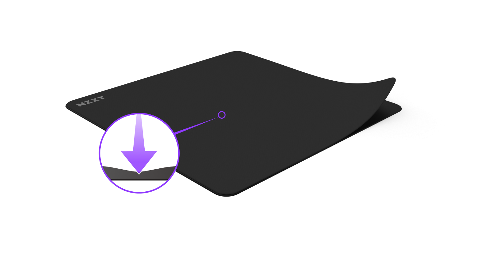 A black rectangular mouse pad with an upward-curled corner. An inset circle magnifies the edge, highlighting its thickness and a purple downward arrow pointing to the surface.