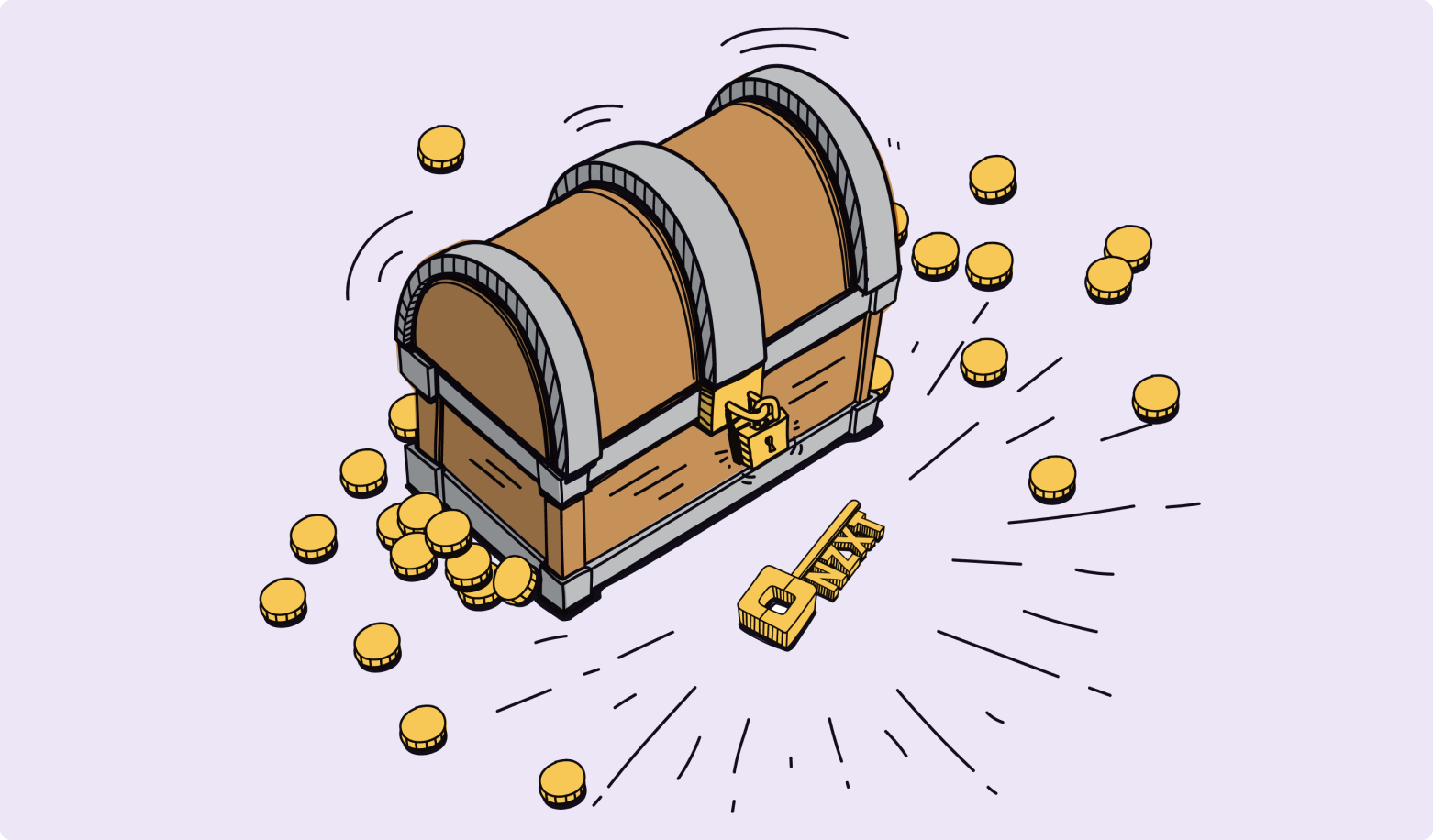 A brown treasure chest with a lock sits surrounded by scattered gold coins. A golden key labeled NEXT lies in front of the chest, emitting bright lines to indicate importance or discovery.