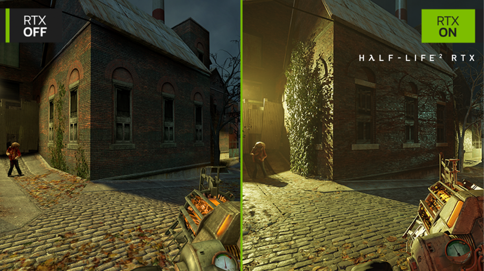 Side-by-side comparison of a scene from Half-Life 2 with RTX off (left) and RTX on (right), showing enhanced lighting, shadows, textures, and reflections with RTX enabled.