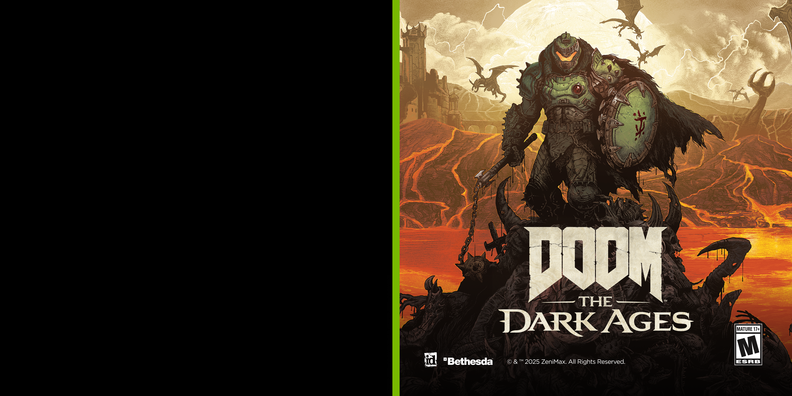 A heavily armored warrior holding a shield and weapon stands atop defeated monsters in a fiery, desolate landscape. The text reads DOOM The Dark Ages. The game is rated M for Mature by ESRB.