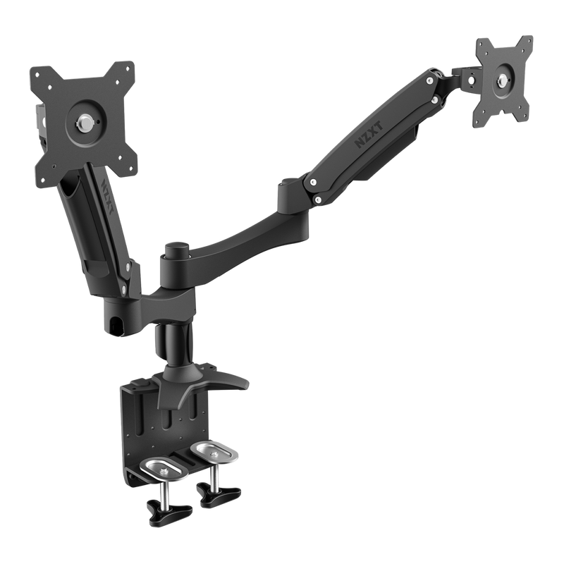 The NZXT Dual Monitor Arm is a black mount with adjustable joints and VESA plates for dual monitors. It clamps securely to your desk with two sturdy clamps and includes built-in cable management for a tidy workspace.