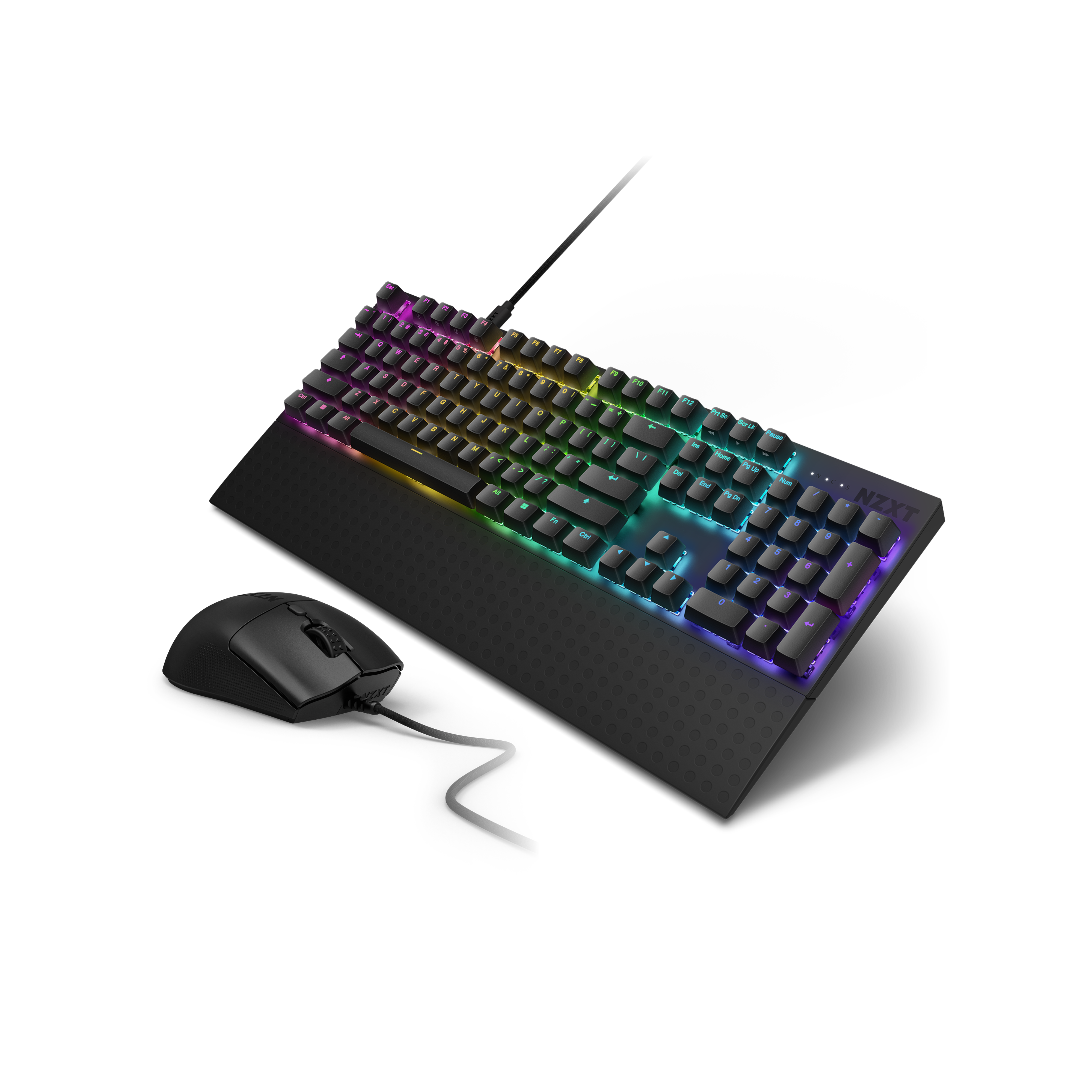 The NZXT Function 2 + Lift 2 Ergo set features a black keyboard with Swift Optical Switches and vivid RGB, paired with a matching mouse, all displayed on a sleek black background.