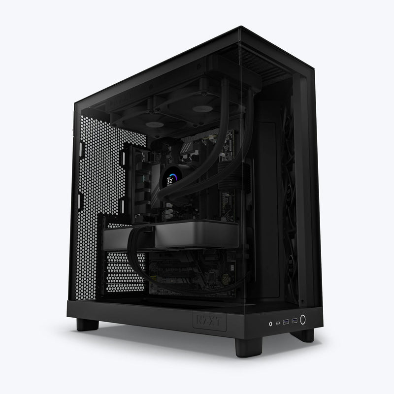 The NZXT Refurbished Player PC 5080 Edition (#8583) features a black, transparent-sided case that displays internal components like fans and a graphics card, visible front panel ports, and includes a 2-year warranty—ideal for gaming.