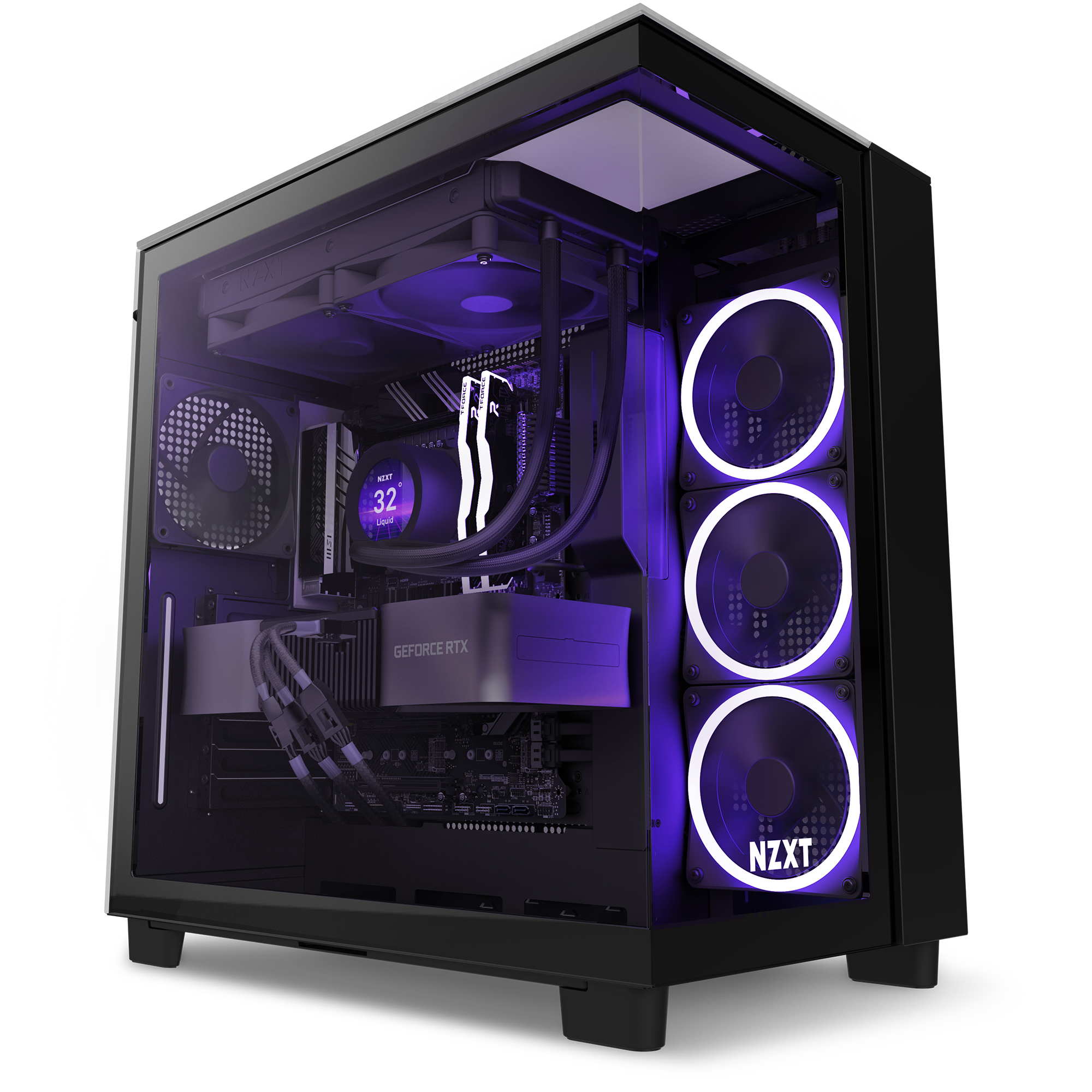 The Refurbished Player Three Prime - #8407 by NZXT is a black prebuilt gaming PC with a transparent side, three glowing purple fans, purple LED lighting inside, and an NZXT logo. Enjoy peace of mind with a 2-year warranty.