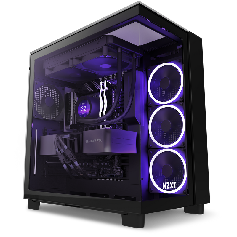 The Refurbished Player Three Prime - #8407 by NZXT is a black prebuilt gaming PC with a transparent side, three glowing purple fans, purple LED lighting inside, and an NZXT logo. Enjoy peace of mind with a 2-year warranty.