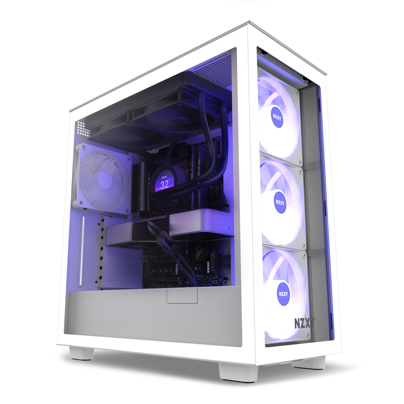 The NZXT Refurbished Prebuilt Exclusive 2024 Edition (#8525) is a sleek white PC tower with a transparent side, blue RGB-lit fans, and the NZXT logo on front. Includes a 2-year warranty for added peace of mind.