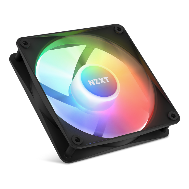 The NZXT F120 RGB Core Fan features static pressure, customizable RGB LED lighting, and displays a dynamic color gradient from green to red across its spinning black blades.