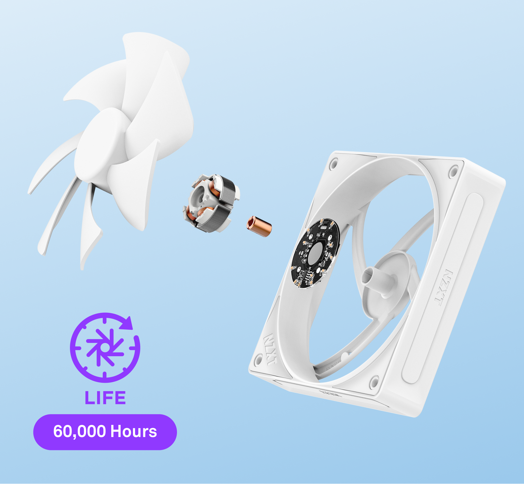A white computer fan shown in three exploded parts against a light blue background, with an icon and text indicating a lifespan of 60,000 hours.