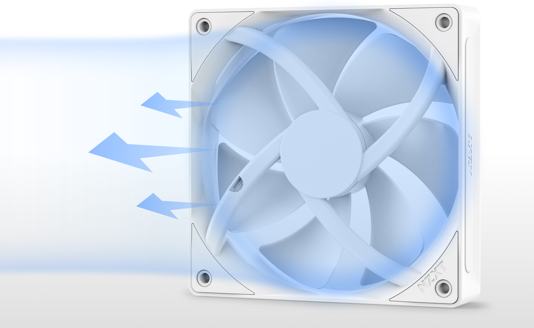 A white computer cooling fan with blue airflow lines illustrating air being pushed out from the fan, highlighting its cooling capability. The fan has a sleek, modern design.