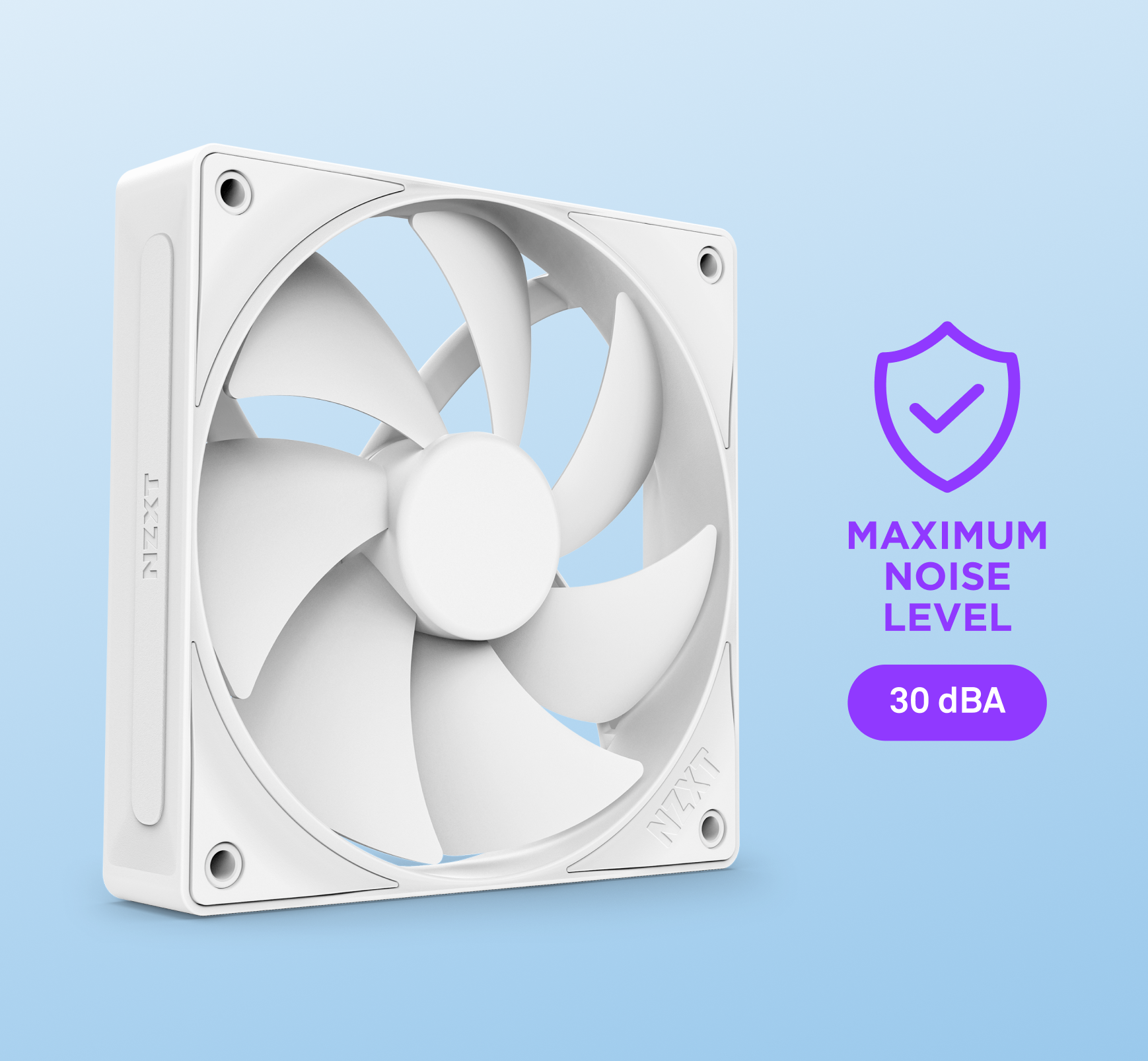 A white computer cooling fan with seven blades is shown on a blue background. Next to it, a shield icon and text read: MAXIMUM NOISE LEVEL 30 dBA in purple and white.