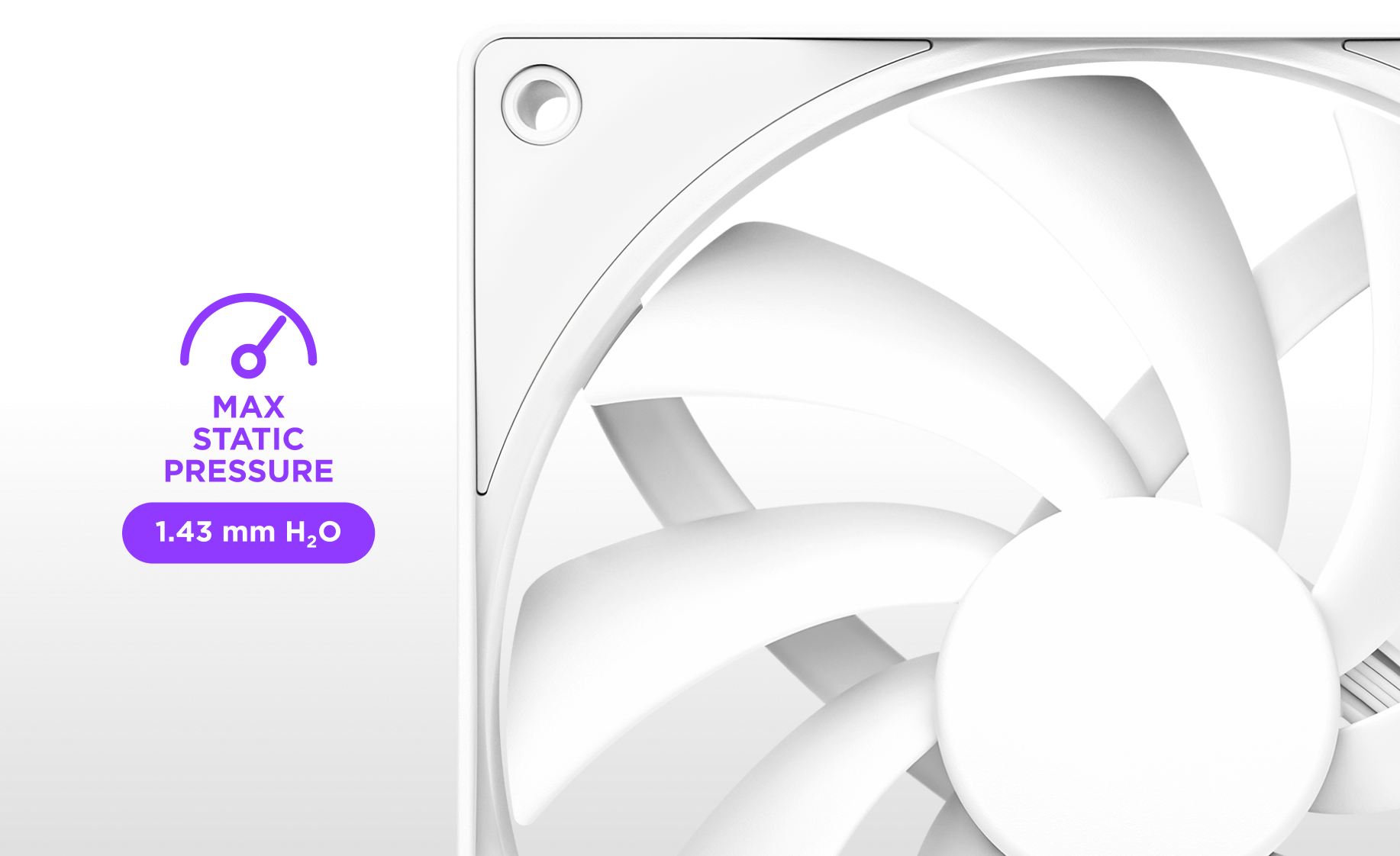 Close-up of a white computer cooling fan with curved blades. On the left, a purple gauge icon and text indicate “Max Static Pressure 1.43 mm H₂O.” The background is mostly white and black.