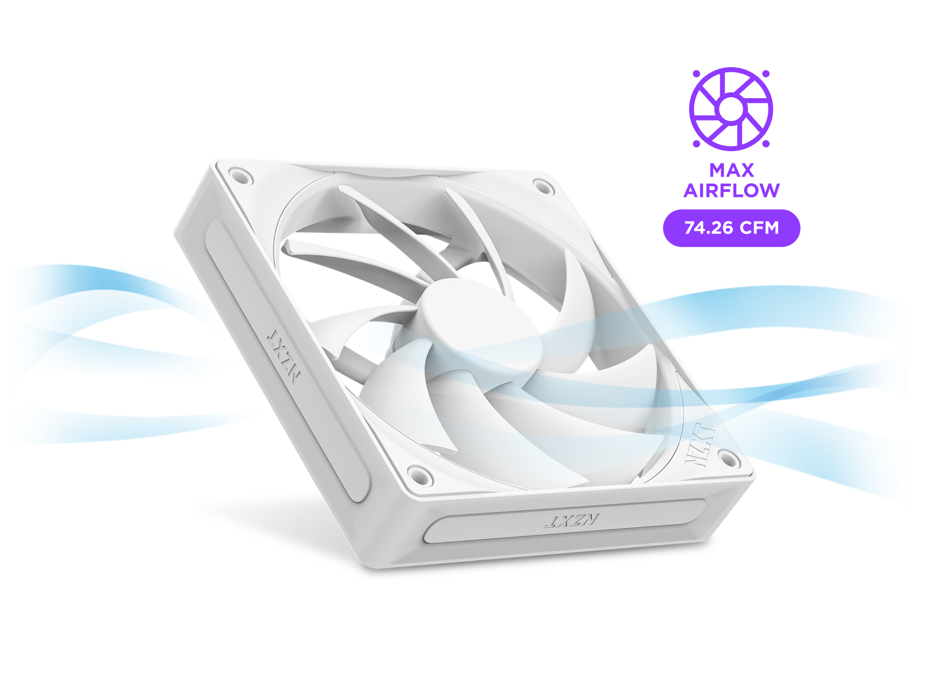 A white NZXT computer cooling fan is blowing air, with blue airflow graphics and an icon indicating Max Airflow 74.26 CFM next to it.
