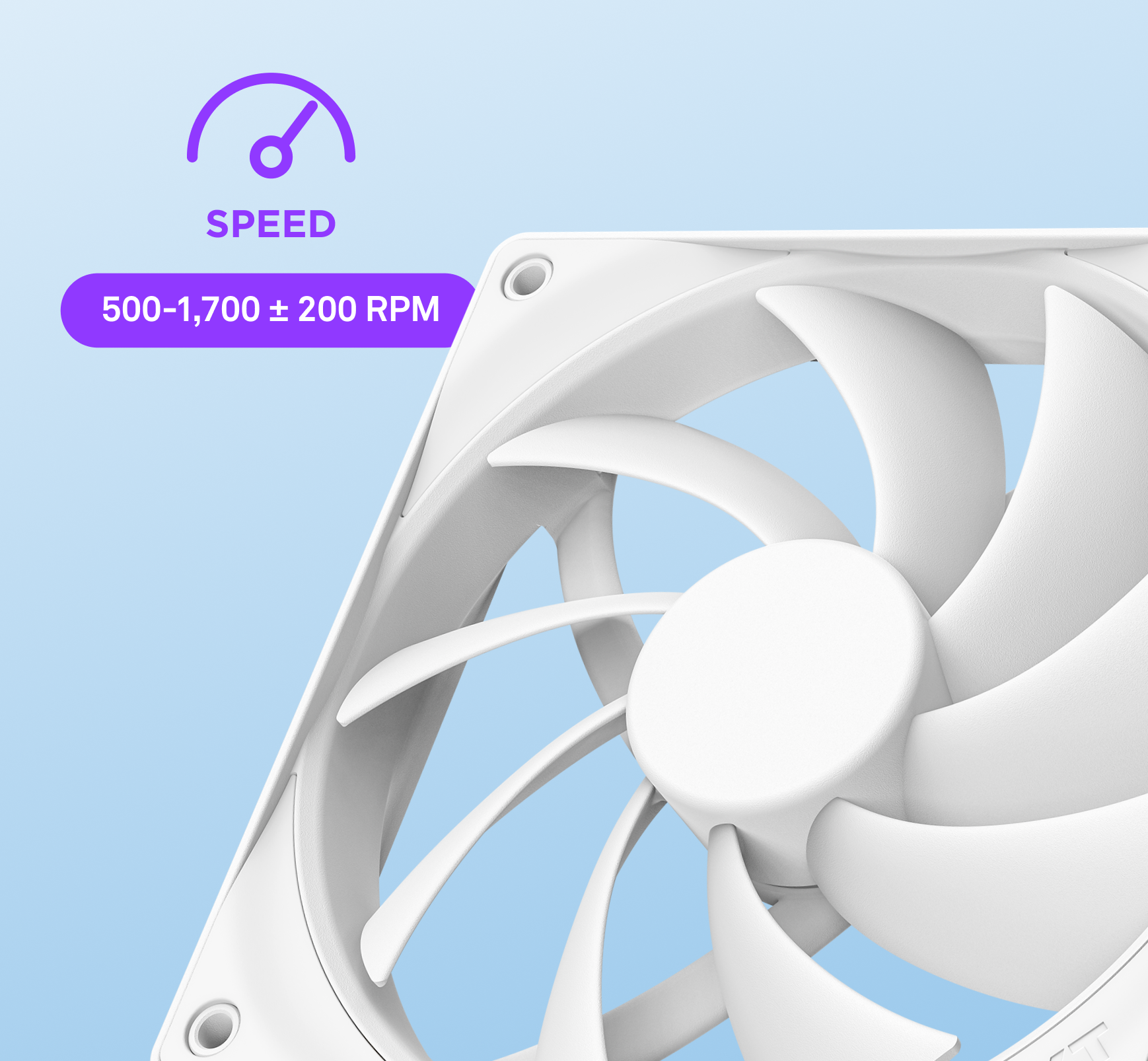 Close-up of a white computer cooling fan against a light blue background. Purple icons and text indicate the fan speed range: 500–1,700 ± 200 RPM and the word SPEED with a speedometer symbol above.