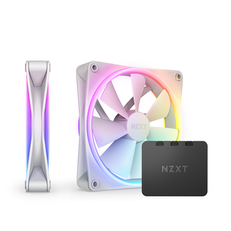 The NZXT F140 RGB Duo Twin Pack features white RGB Duo Fans with high static pressure and vivid RGB lighting, displayed from the front and side, next to a sleek black rectangular NZXT controller box.