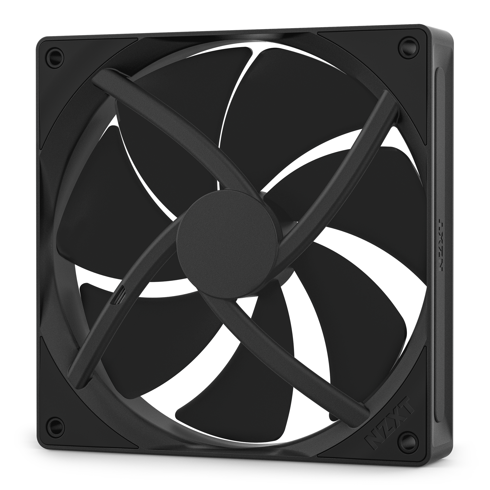 The NZXT F140P is a black computer case fan with five wide blades, rounded edges, fluid dynamic bearings, and the NZXT logo on the frame, designed for high-performance cooling.