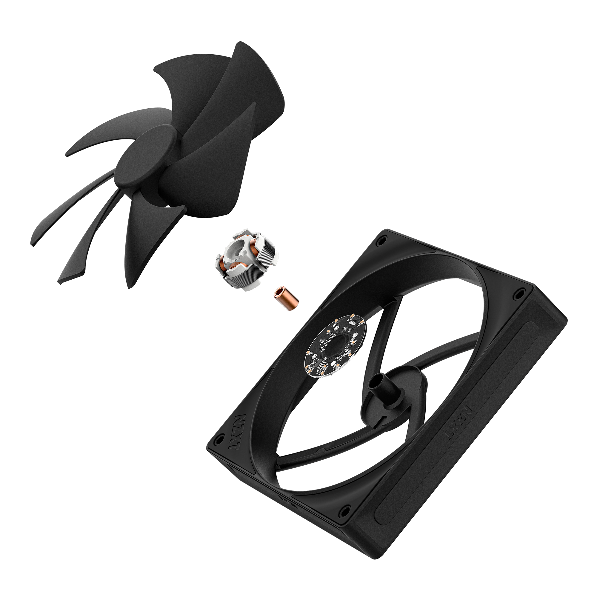 Exploded view of the NZXT F140P Static Pressure Fan in black, displaying separated blades, fluid dynamic bearing motor, rotor, and frame on a transparent background for high-performance cooling.