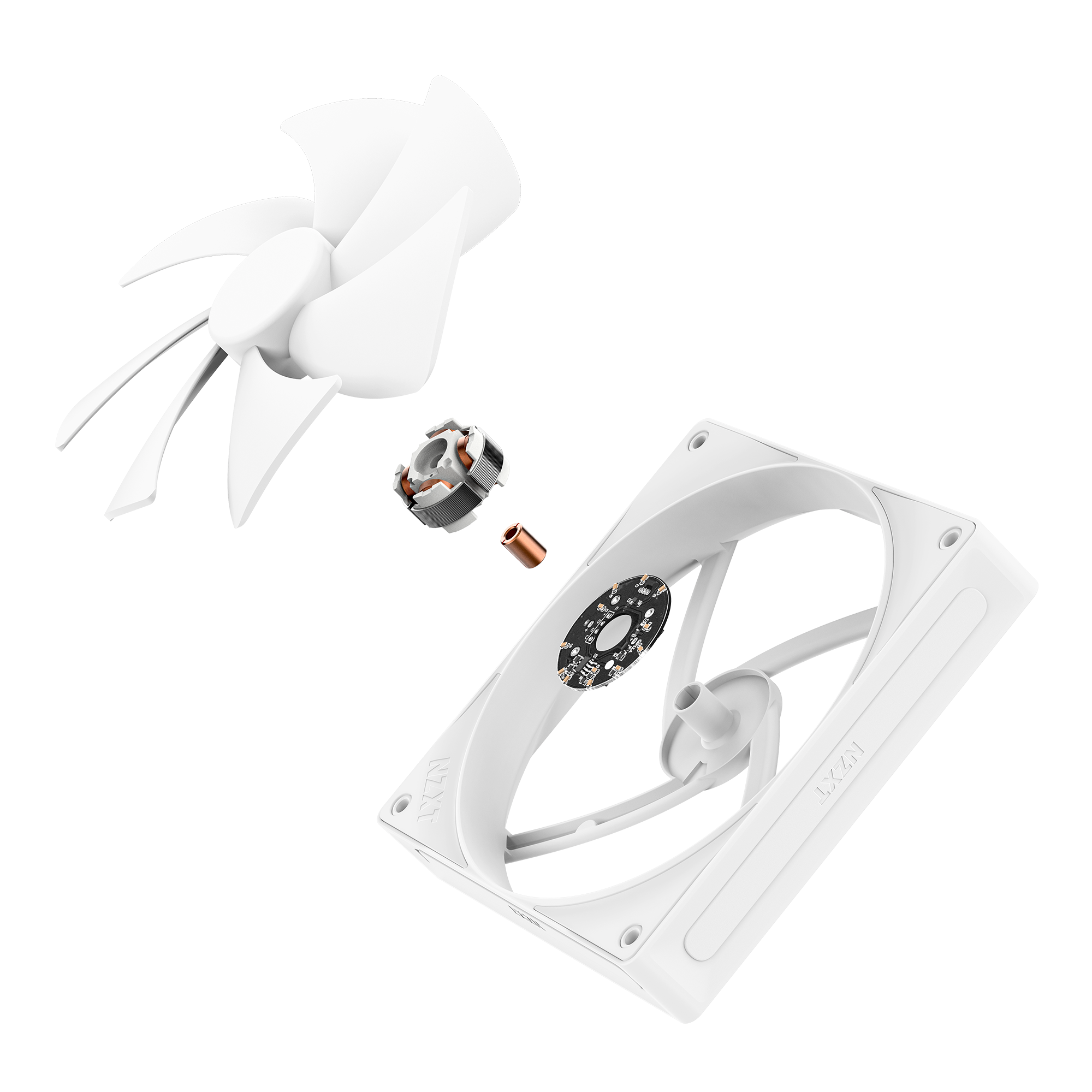 A white NZXT F140P fan is displayed disassembled into four parts—outer frame, fan blades, motor coil, and circuit board—floating on a black background to highlight its high-performance cooling components.