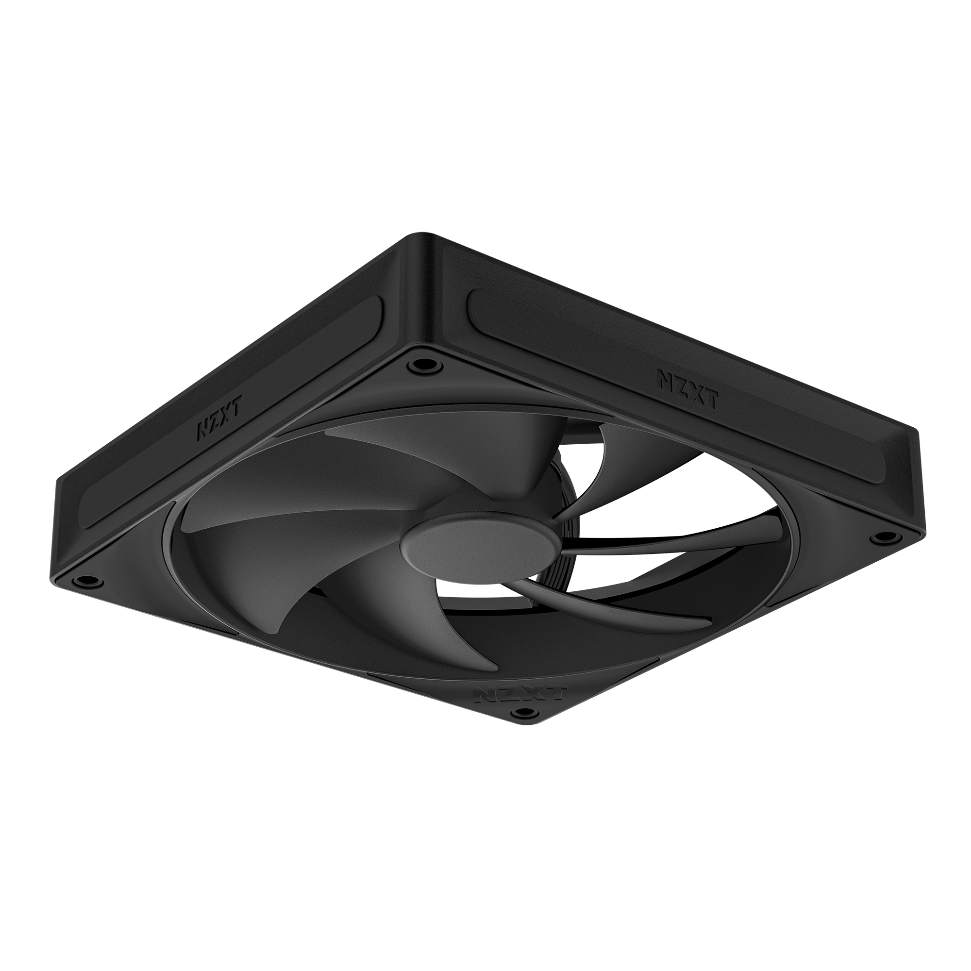 The NZXT F140P, a black static pressure fan with fluid dynamic bearings, is shown from a low angle against a black background. Its square frame and curved blades are engineered for high-performance cooling in PC cases.