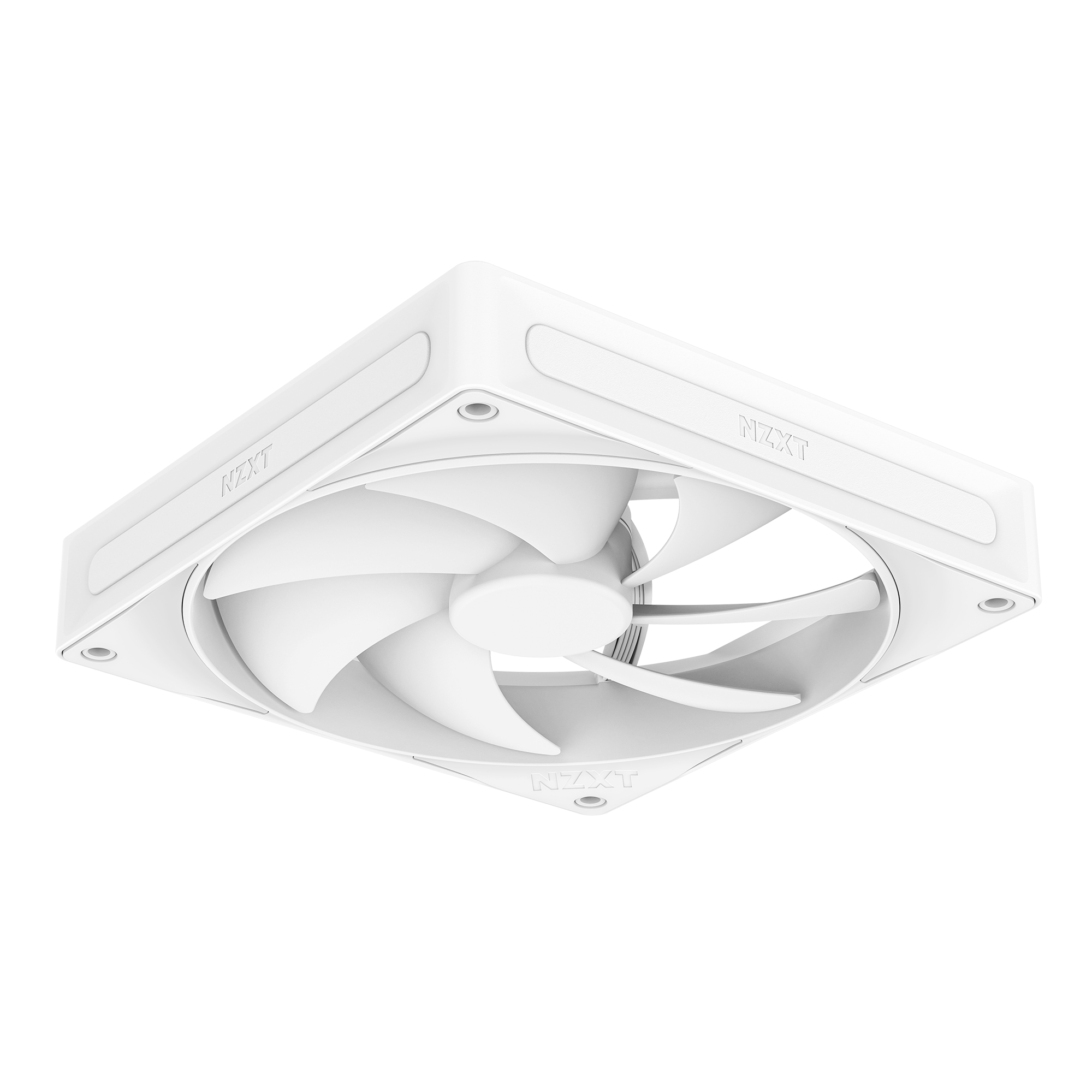 The NZXT F140P is a white, square cooling fan with rounded edges, five blades, and corner mounting holes. It features fluid dynamic bearings for durability and is shown at an angle against a black background.