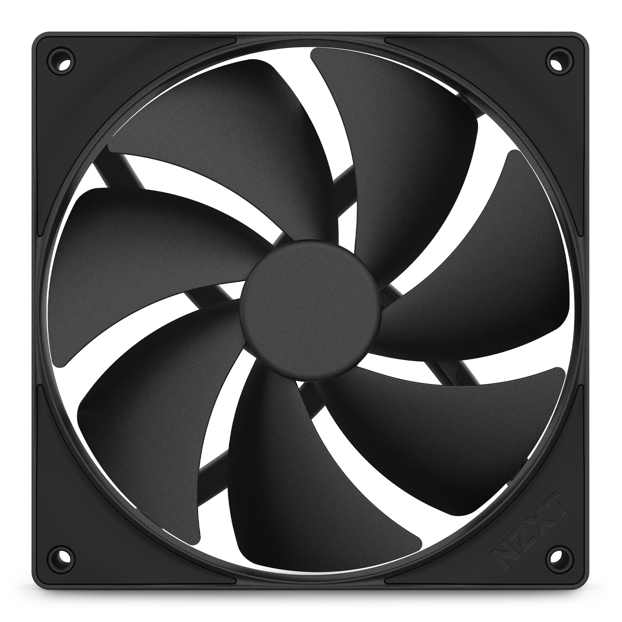 A front view of the NZXT F140P, a black static pressure fan with seven blades and a square frame featuring mounting holes at each corner. The NZXT logo is embossed in one corner, highlighting its high-performance cooling design.