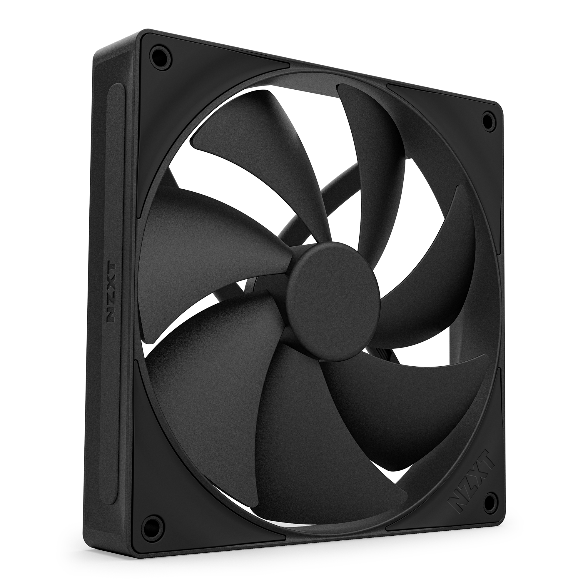 An NZXT F140P Static Pressure Fan in black, featuring seven blades, a square frame with rounded corners, and fluid dynamic bearings for high-performance cooling, shown at an angle against a transparent background.