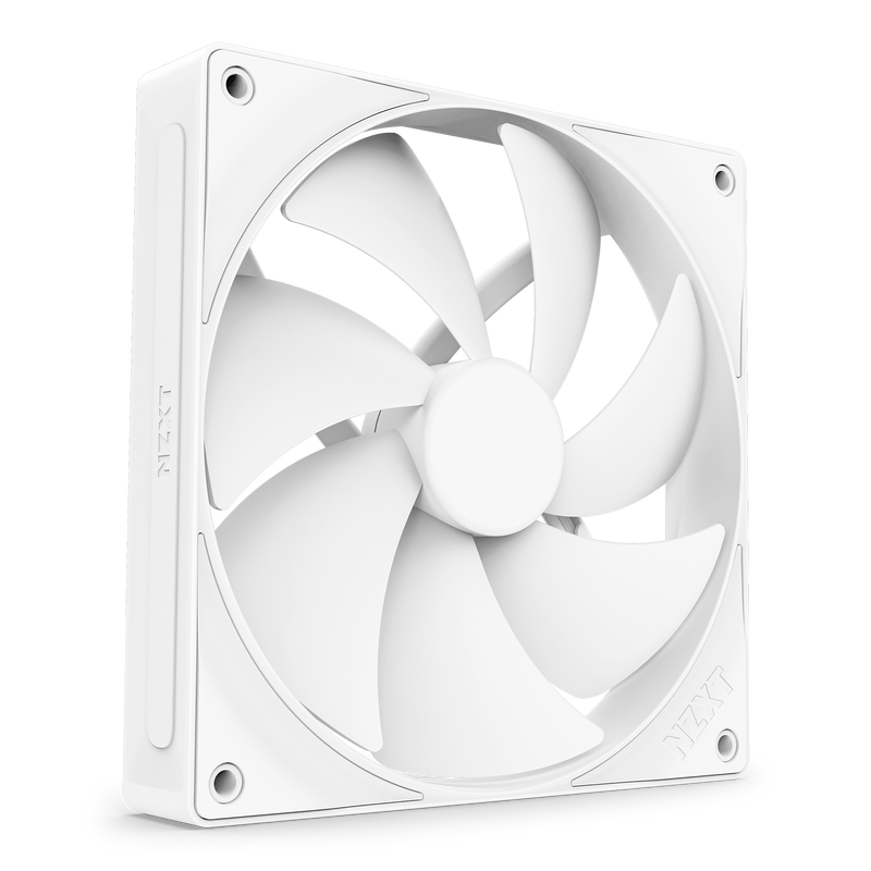 A white NZXT F140P Static Pressure Fan with seven blades and fluid dynamic bearings sits in a square frame, viewed at an angle on a black background. The NZXT brand is embossed on the minimal, high-performance cooling fans frame.