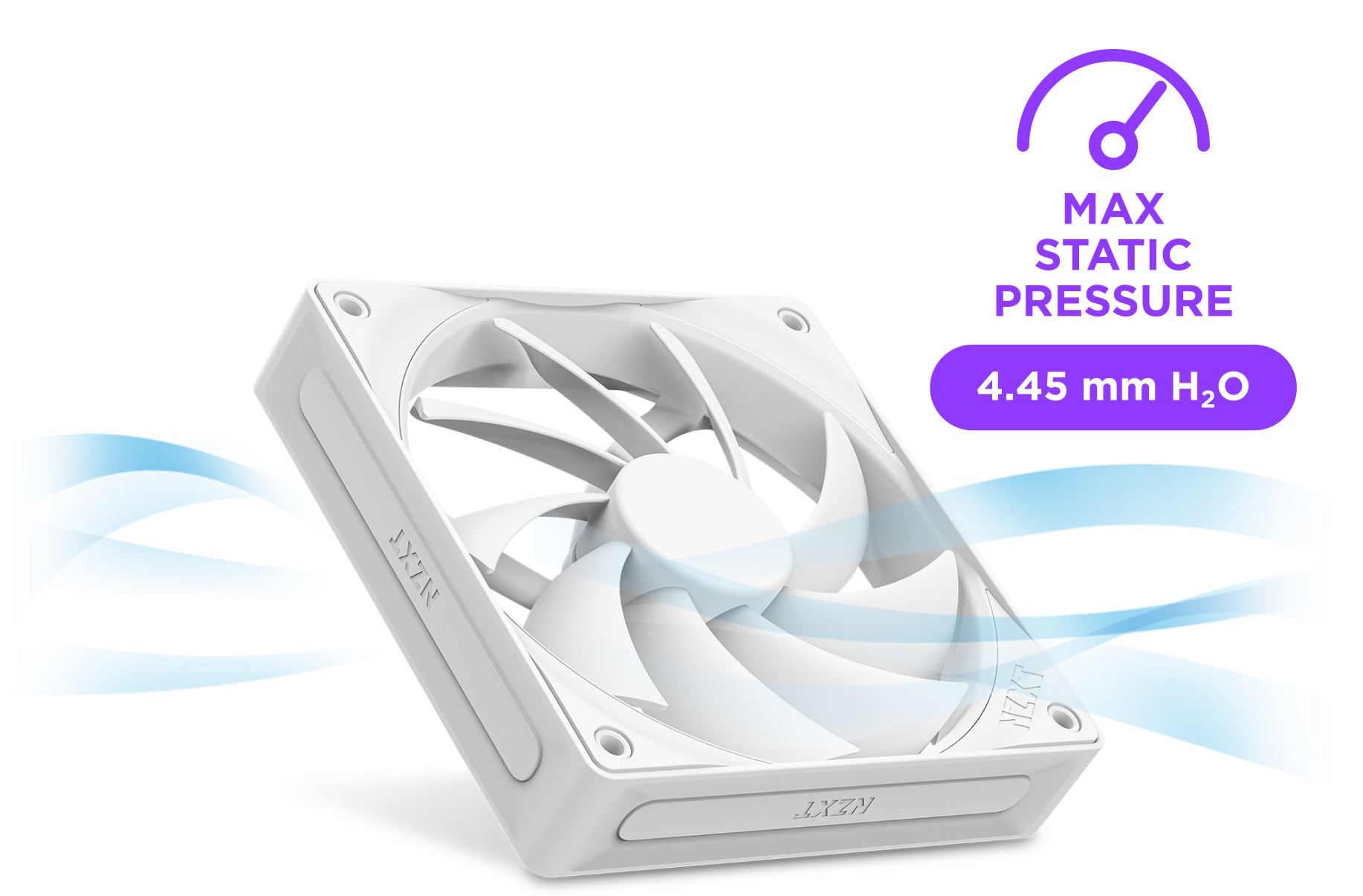 White computer cooling fan with blue airflow lines and a Max Static Pressure 4.45 mm H2O label, indicating strong air pressure performance.