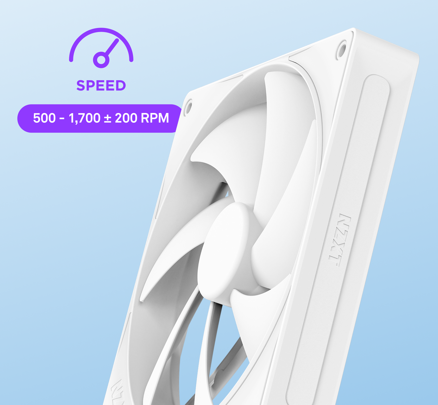 A white computer cooling fan with the NZXT logo is displayed vertically against a light blue background. Above it, a purple speed gauge icon and text indicate a speed range of 500–1,700 ± 200 RPM.