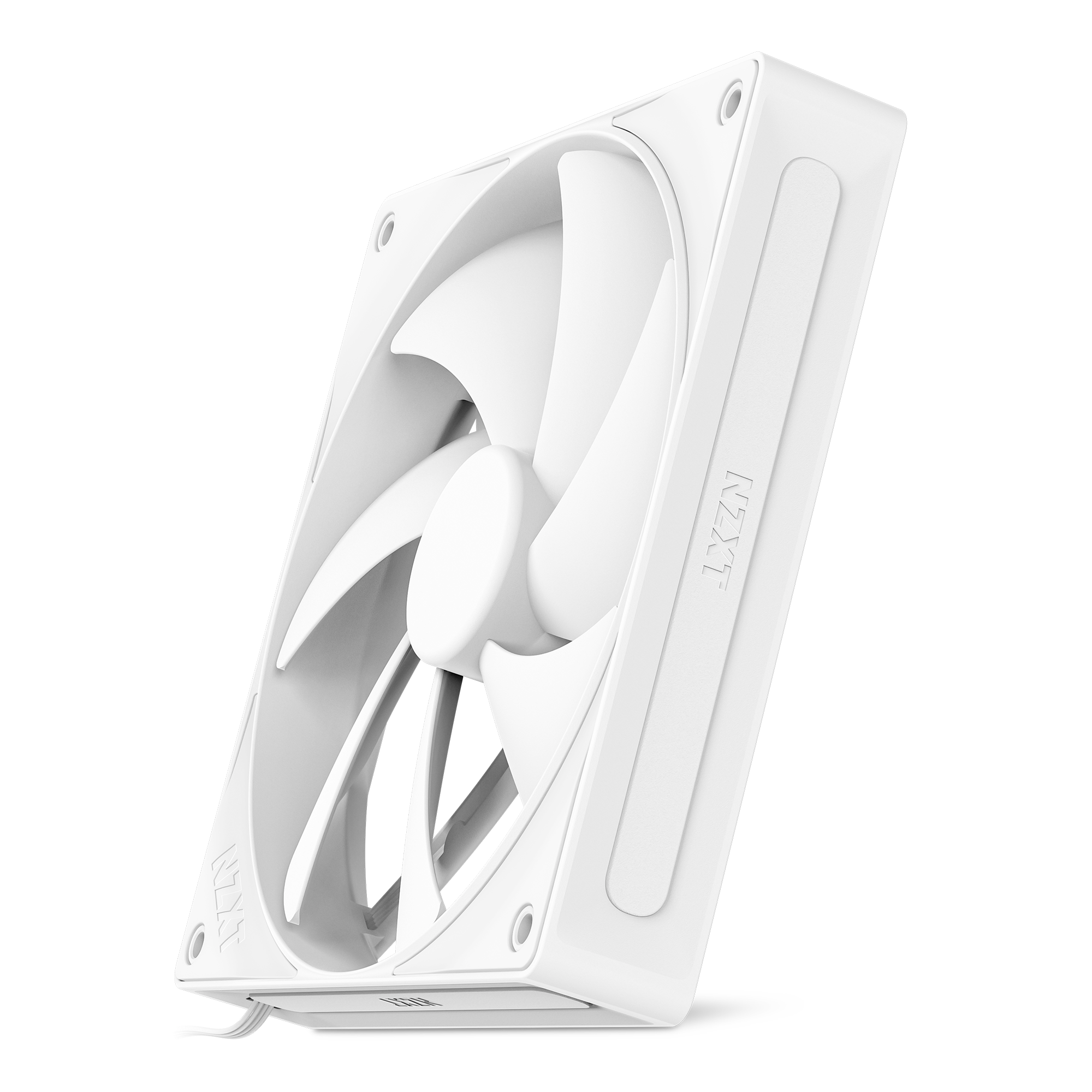 The NZXT F140P is a white static pressure fan with five upright blades, a rectangular frame, fluid dynamic bearings for reliability, and a short cable from one corner for high-performance cooling.
