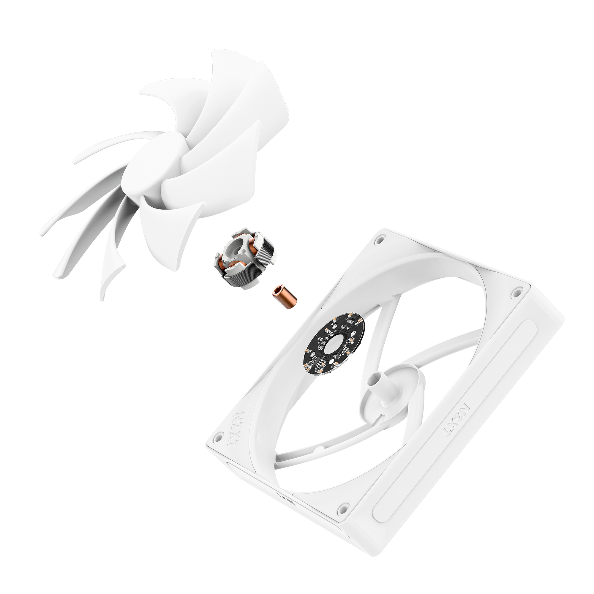 An exploded view of the NZXT F140Q white cooling fan displays its separated parts—fan blades, central hub with copper coil, motor, and square frame—on a black background. It uses Fluid Dynamic Bearings for quiet, long-lasting performance.