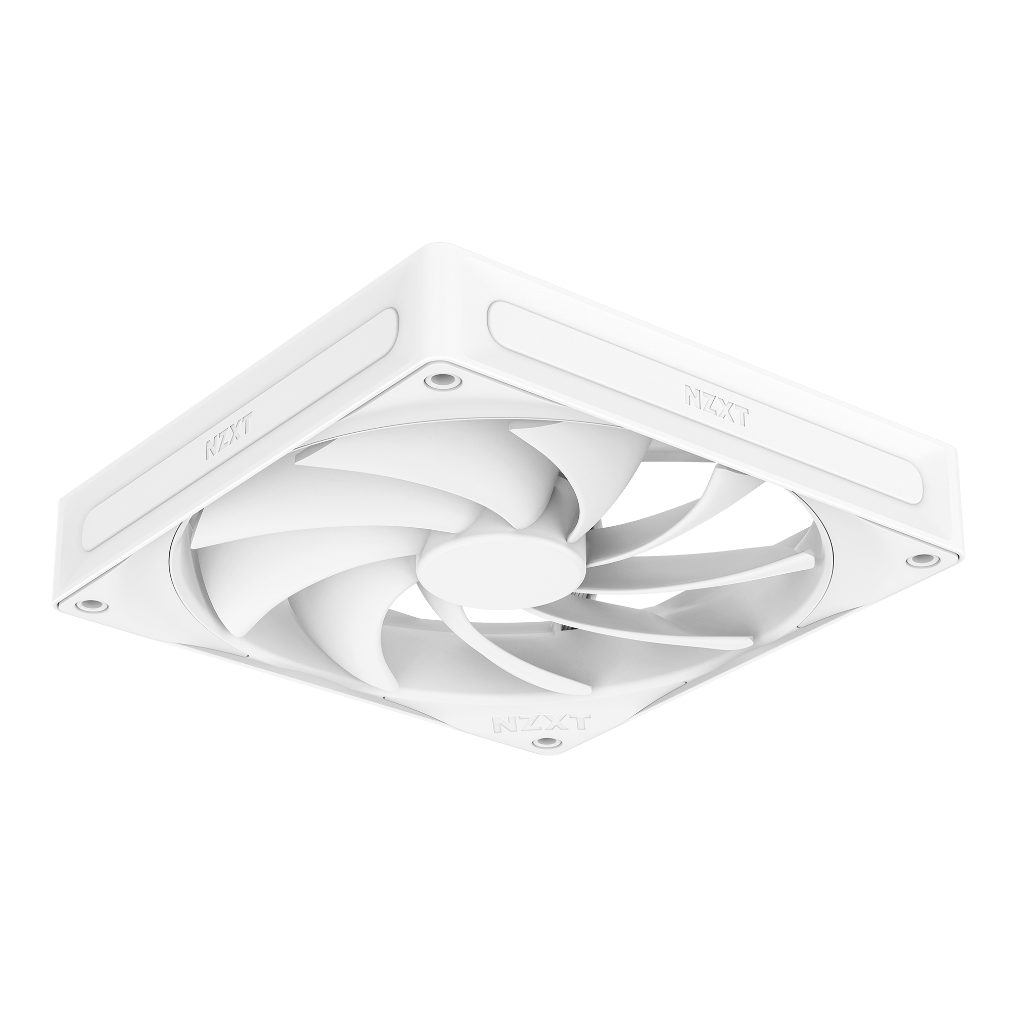 The NZXT F140Q is a white, square computer cooling fan with curved blades and Fluid Dynamic Bearings, shown at an angle against a black background. The NZXT brand name appears on the edges of the fan and casing.