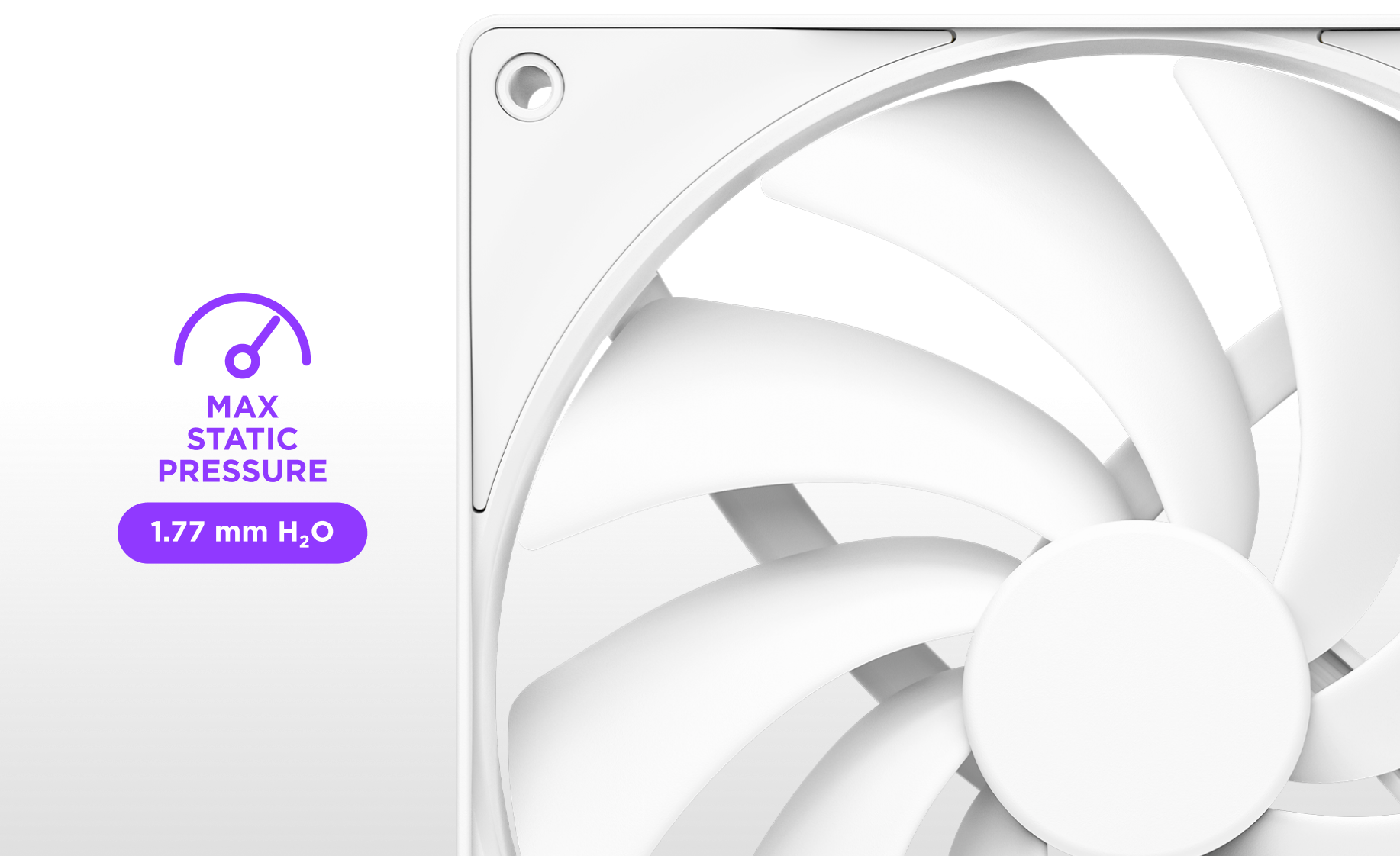 Close-up of a white computer fan with a graphic showing Max Static Pressure: 1.77 mm H₂O next to a gauge icon on the left side of the image.