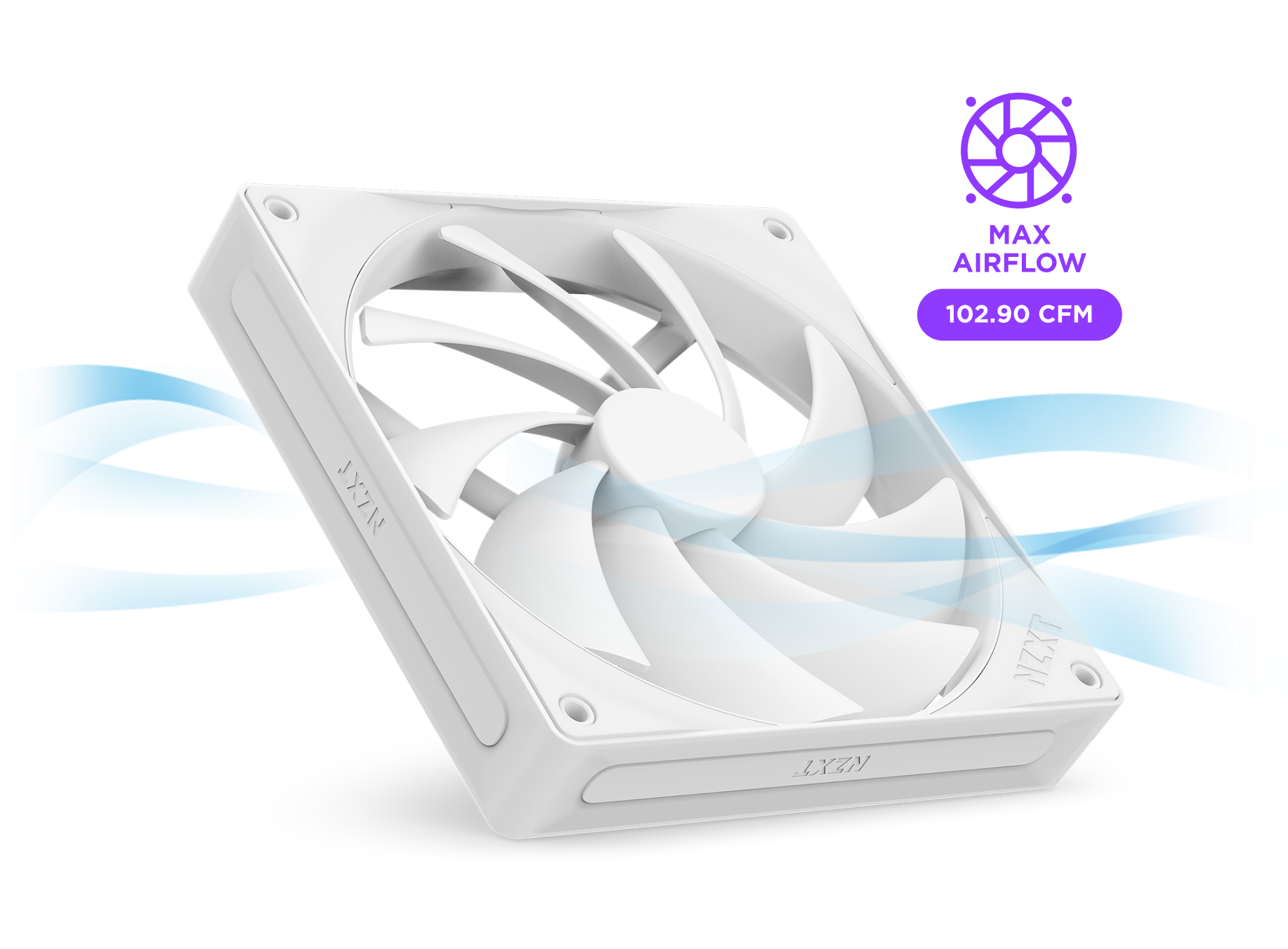 A white NZXT computer cooling fan tilted at an angle, with blue airflow graphics and an icon showing MAX AIRFLOW 102.90 CFM above it.