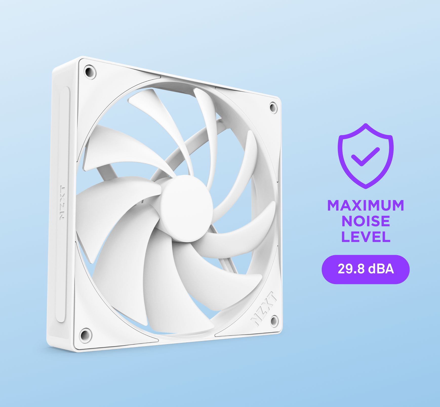 A white NZXT computer cooling fan is shown against a light blue background. Next to it, a shield icon and text read Maximum Noise Level 29.8 dBA in purple.