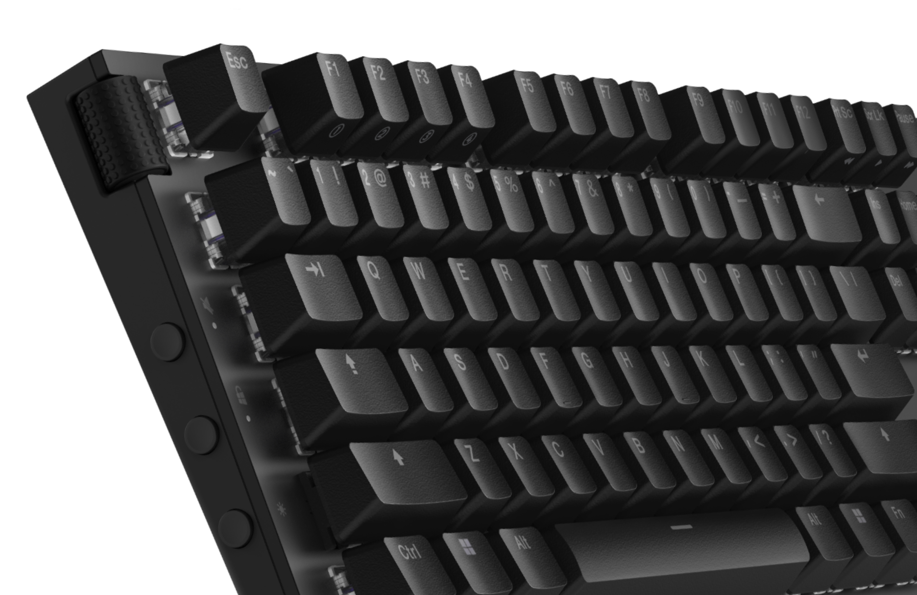 A close-up view of a black mechanical keyboard, showing raised keys, a textured volume roller in the top left corner, and three round side buttons along the left edge.