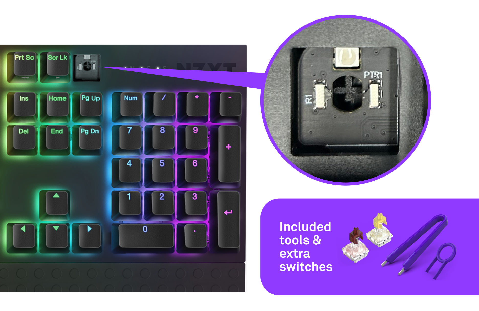 A close-up of a mechanical keyboard with RGB lighting highlights the switch under a keycap. An inset shows included tools and extra switches in brown, yellow, and white. Text reads: Included tools & extra switches.