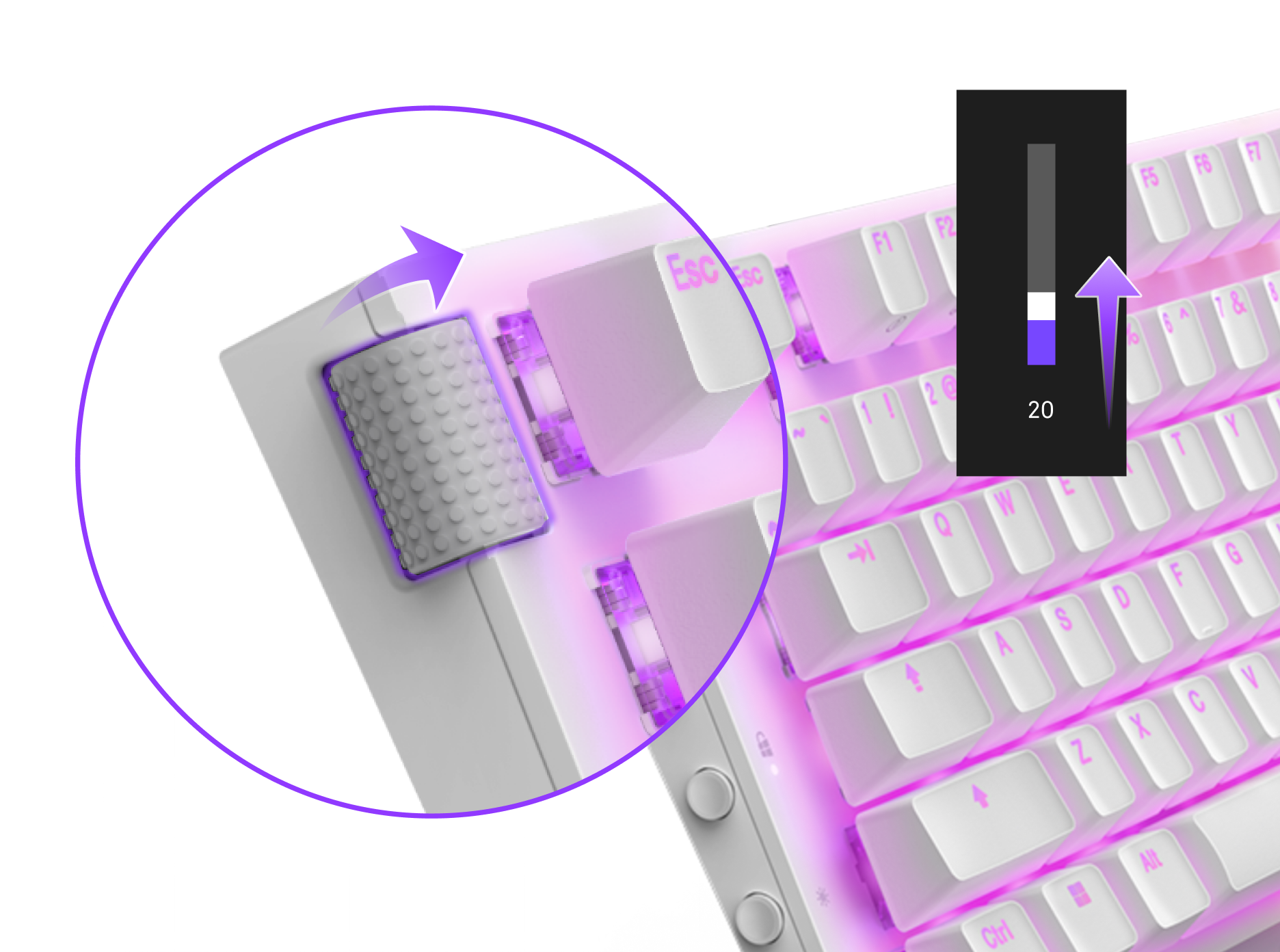 A close-up of a white keyboard with purple backlighting shows a textured rotary knob being turned, with an on-screen graphic indicating the volume increasing to 20.