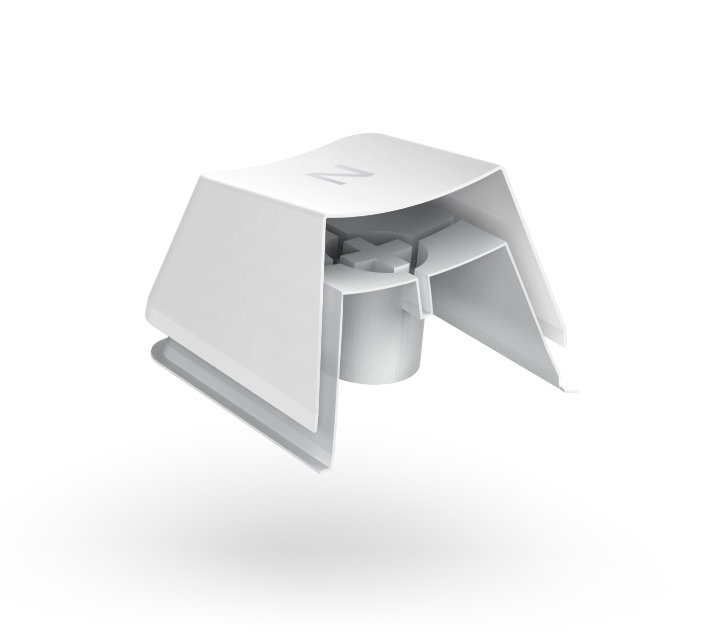 A close-up view of a white computer keyboard keycap, partially removed to show the underlying mechanical switch and stabilizer components.