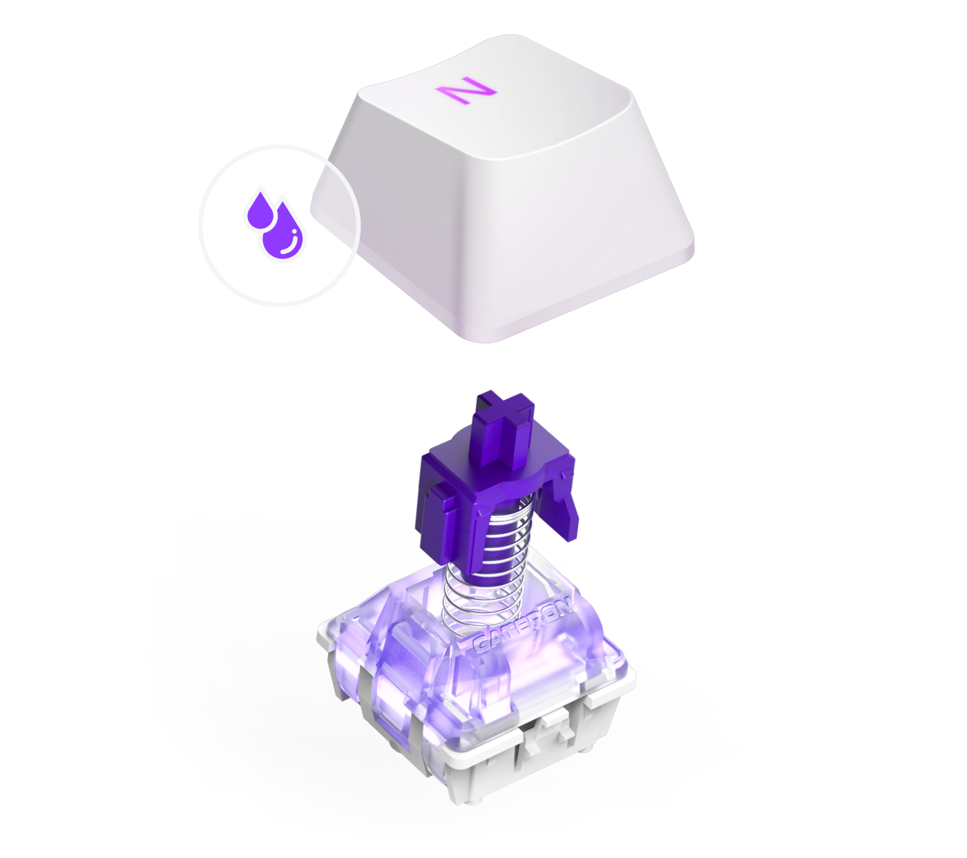 A white keyboard key with a purple N is shown above a purple mechanical switch. A droplet icon indicates lubrication, suggesting the switch is lubed for smoother operation.