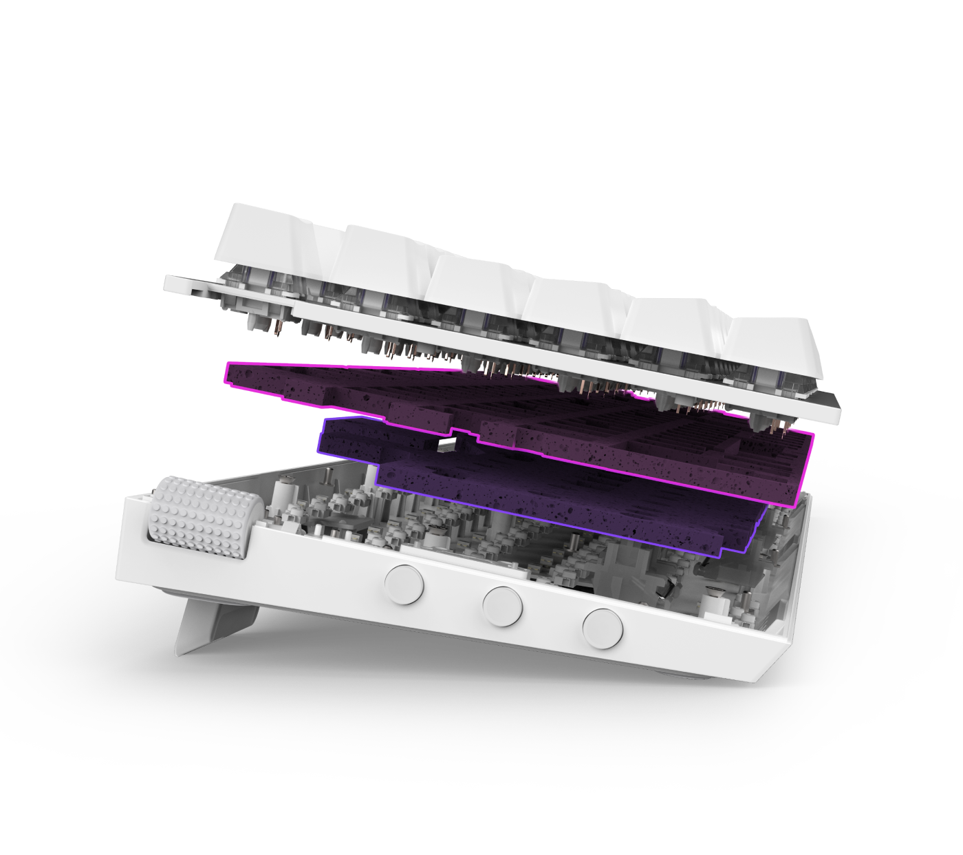 An exploded view of a white mechanical keyboard, showing separated layers including the keycaps, switches, circuit boards outlined in purple, and the base, all suspended above each other.