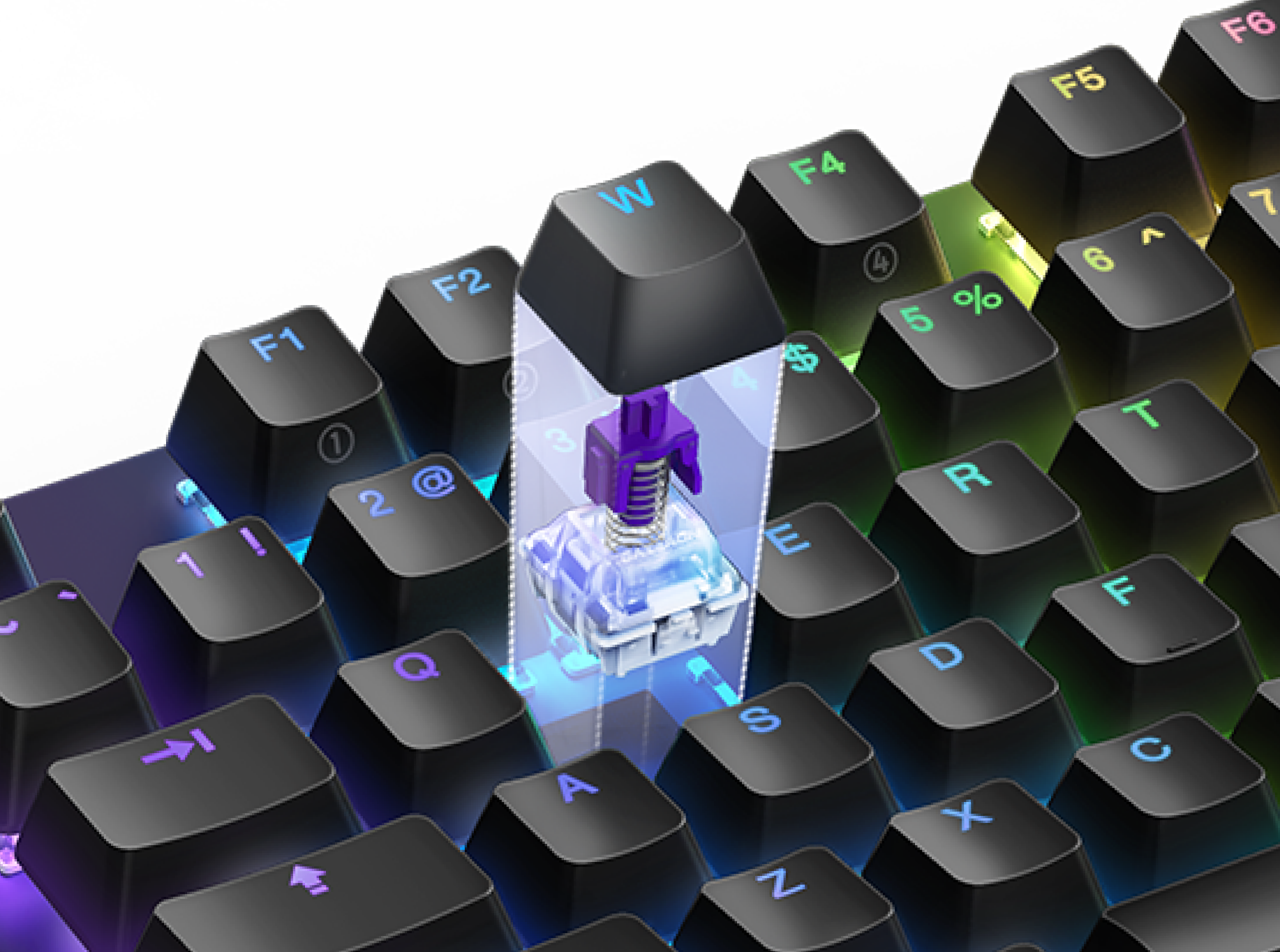 A close-up of a mechanical keyboard with the W keycap removed, revealing a purple switch beneath it, surrounded by illuminated RGB keys.