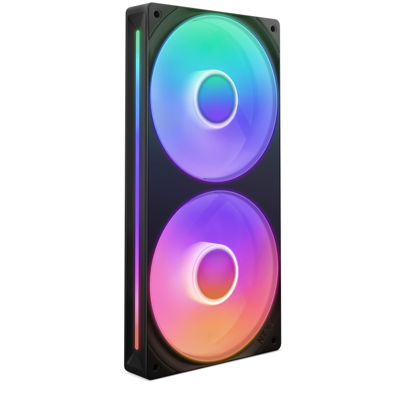 The NZXT F240 RGB Core is a rectangular black computer case fan with two large circular RGB fans showing a gradient of colors and a vertical RGB strip on the left, delivering superior cooling and striking illumination.