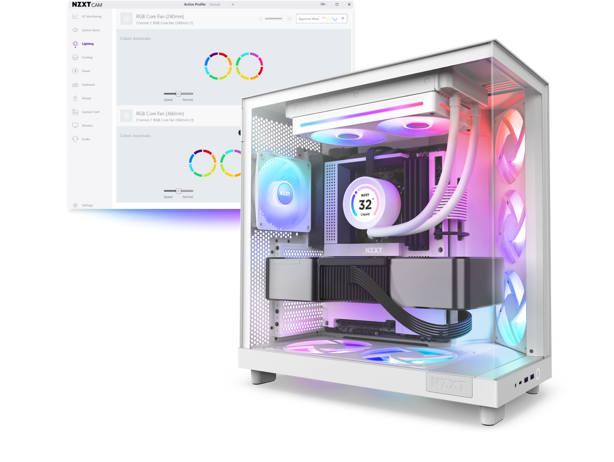 Ustawienia podświetlenia NZXT CAM dla wentylatorów RGB Core obok białego zestawu NZXT z chłodzeniem Kraken z LCD i wentylatorami RGB
