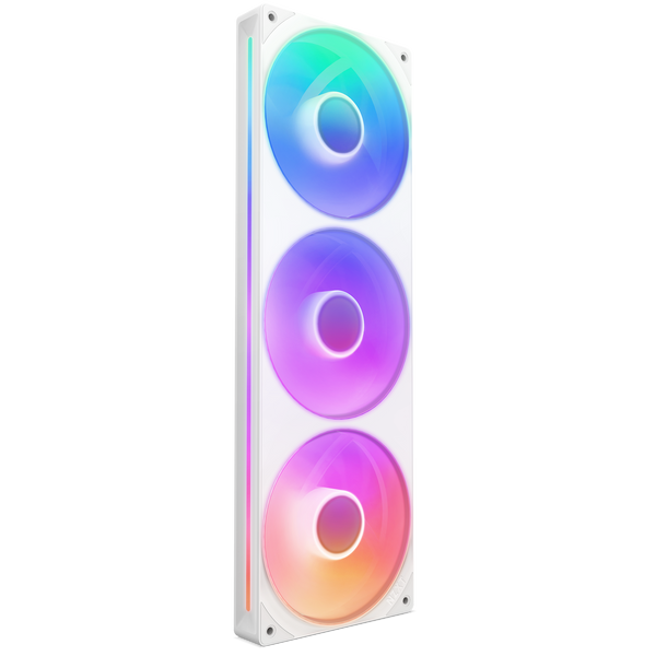The NZXT F360 RGB Core is a white rectangular cooling fan unit with three large RGB-lit fans, each glowing in vibrant colors like blue, pink, purple, and orange. It stands vertically against a black background for striking visuals.