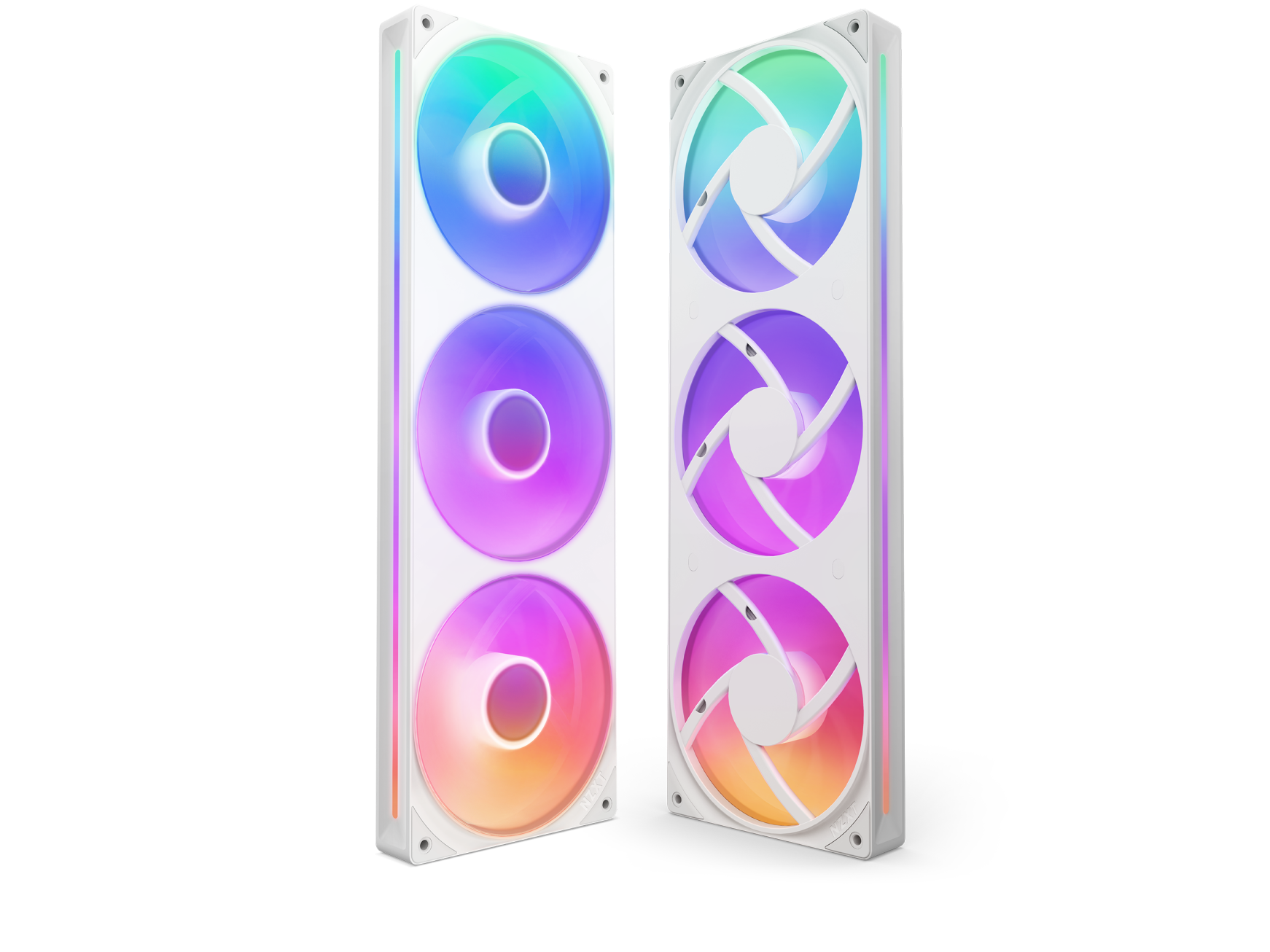 Two white computer cooling units, each with three RGB fans in a vertical row, displaying vibrant gradient colors in purple, blue, pink, and orange, positioned side by side at an angle.