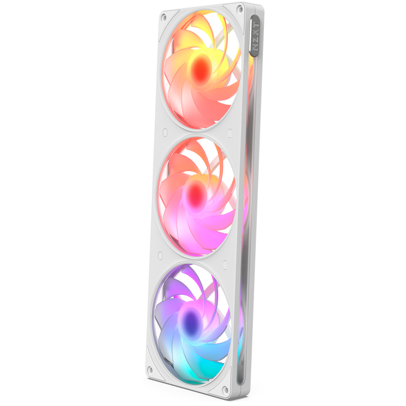 NZXT F360 RGB Reverse white three-pack, front view with RGB lighting