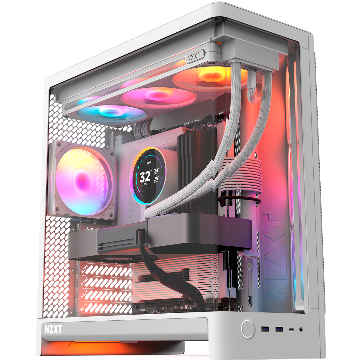 NZXT F360 RGB white fans installed in a build